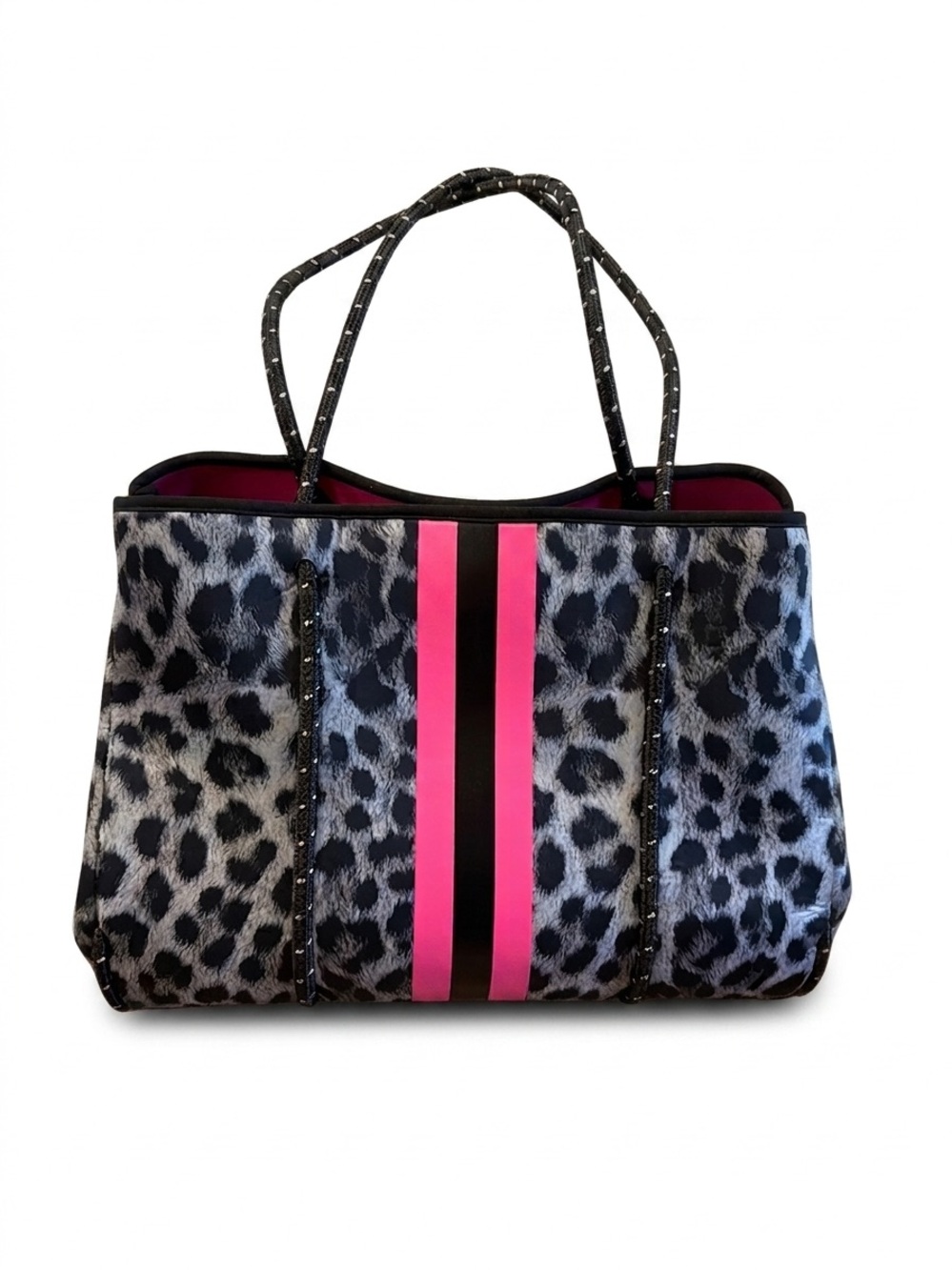 Haute Shore Grey Black Animal Print Neoprene Tote Pink Stripe Shoulder Bag